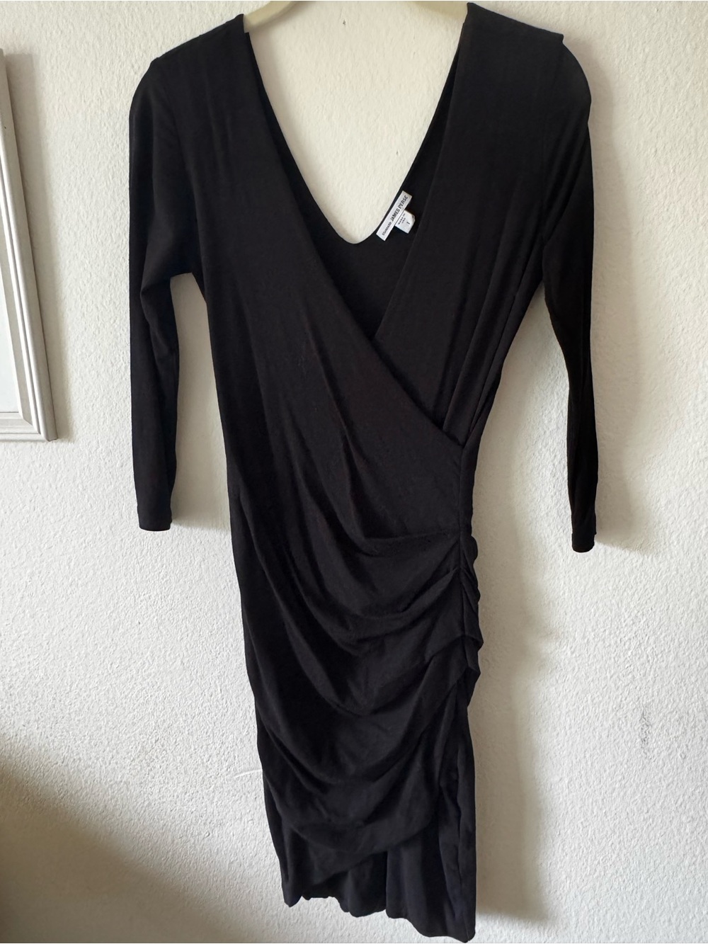 James Perse Black Faux-Wrap Long Sleeve Ruched Dress